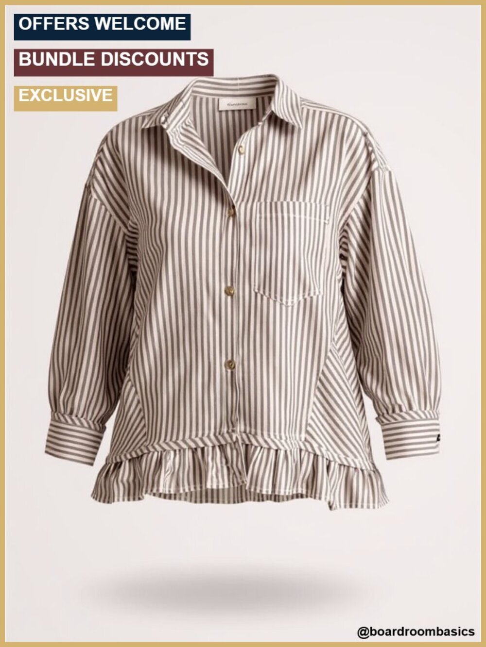 Women's 3/4 Sleeve Striped Button Down Shirt Crop Ruffle Hem Cotton Blouse
